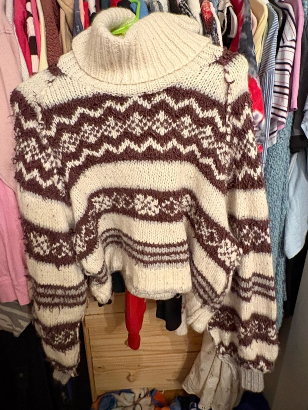 Free People Cream and Brown Patterned Cropped Turtleneck Sweater